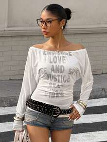 Muchica 女士字母印花露肩长袖休闲上衣 - 白色 - 查看 5