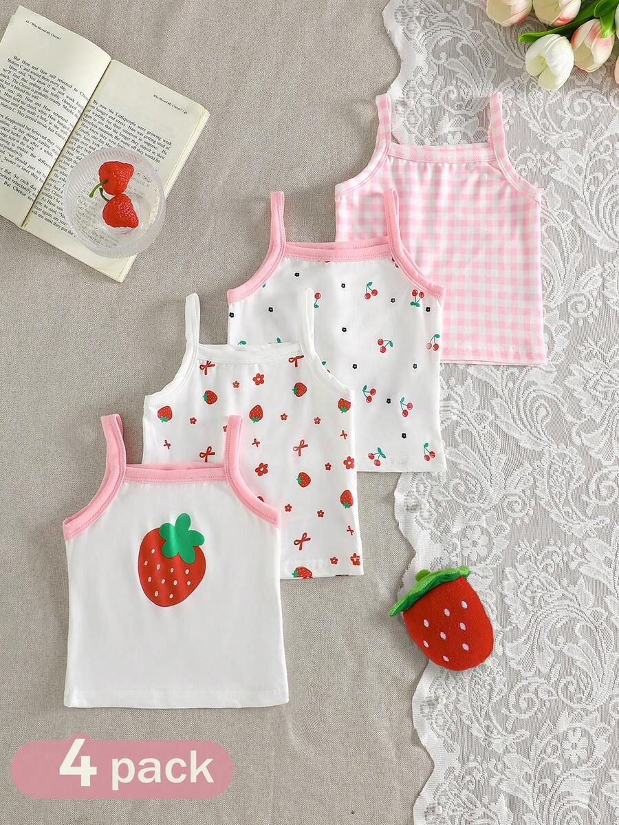 SHEIN Bộ 4 áo hoa nhí cho bé gái, thoải mái và thời trang theo phong cách đồng quê, phù hợp cho mùa xuân/hè. - Hồng - Xem 1