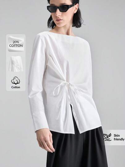 Ontre 女士米色舒适柔软面料修身落肩长袖系带装饰设计现代都市时尚商务休闲办公装低调复古高端都市通勤高品质机场邮轮中东优雅婚礼宾客装简约奢华感必备度假装优质四季百搭女式衬衫