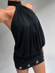Aloruh Women's Fashionable Sexy Keyhole Backless Mini Dress, Summer - Black - View 3