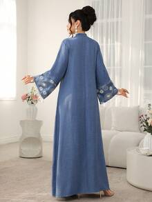 Al Najma Loose Casual Embroidered Tassel Cuff Women's Turkish & Arabic Traditional Long Tunic - Blue - View 2