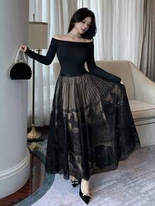 DAZY Women's Lace Patchwork A-Line Long Skirt, Elegant Skirt - Black - View 2