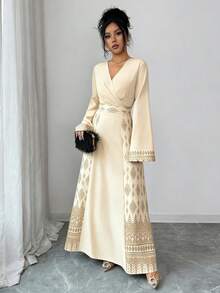 Rafferiza 方领褶裥优雅雪纺长裙，黑色金箔花卉印花，优雅浪漫，女士春秋服装，土耳其长袍，迪拜奢华阿拉伯长袍，卡夫坦长袍，女士卡夫坦长袍 - 杏色 - 查看 6