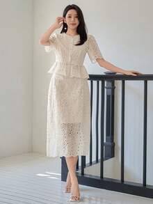 DAZY Women's Lace Fabric Round Neck Short Sleeve Cardigan And Straight Long Skirt Elegant Urban Casual 2 Pieces Set - Beige - View 1