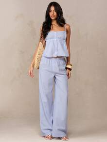 SHEIN BAE Blue & White Striped Casual Commuter Daily Cute Lapel Camisole Top And Low Waist Elastic Waist Striped Wide Leg Pants Set, Suitable For Back To School, Outing, Cute Set, Striped Set, Summer Set, Casual Set, Brunch Set,Blue Two-Piece Set, Vacation Two-Piece Set, Summer Two-Piece Set, Casual Two-Piece Set, Cruise Two-Piece Set, Beach Vacation Two-Piece Set, Blue Striped Two-Piece Set, Holiday Two-Piece Set. - Blue and White - View 5