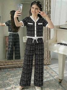 SHEIN Girls' Elegant Black And White Plaid Button-Up Short Sleeve Top And Matching Pants Set,Knit Print 2-Piece Outfit For Tea Party,Autumn Casual/Commute - Black and White - View 7