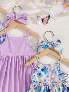 SHEIN 3 Stück/Set Baby Mädchen süßes Blumen- und Schmetterlingsmuster bequemes einfaches Kleid - Violett - Übersicht 7