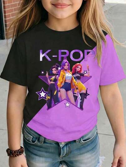 SHEIN Young Girl Casual Round Neck Short Sleeve T-Shirt, Suitable For Summer Spring/Summer Casual Wear, Perfect For Outings, Street Style & Hip-Hop Vibes, Effortlessly Comfortable Fashionable Girls' Casual Wear, New Arrivals Back-To-School Season, Unique Perspective Modern Fashion