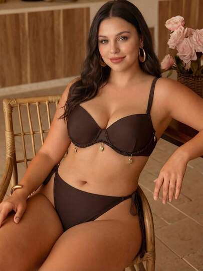 Swim Chiccia Conjunto de biquíni feminino plus size para o verão, com estampa de conchas em cor sólida, estilo praia.