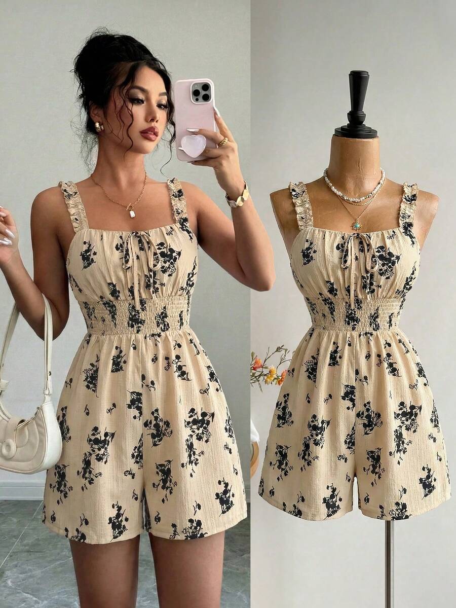 Breezaya Bộ jumpsuit nữ màu kaki họa tiết sóng, chất liệu vải in hoa, cạp chun, kiểu dáng ôm sát, phong cách thường ngày, thích hợp cho kỳ nghỉ lễ Phục Sinh, Ngày động, đi biển, làm trang phục giáo viên, du lịch, mùa xuân/hè. - Màu Khaki - Xem 1