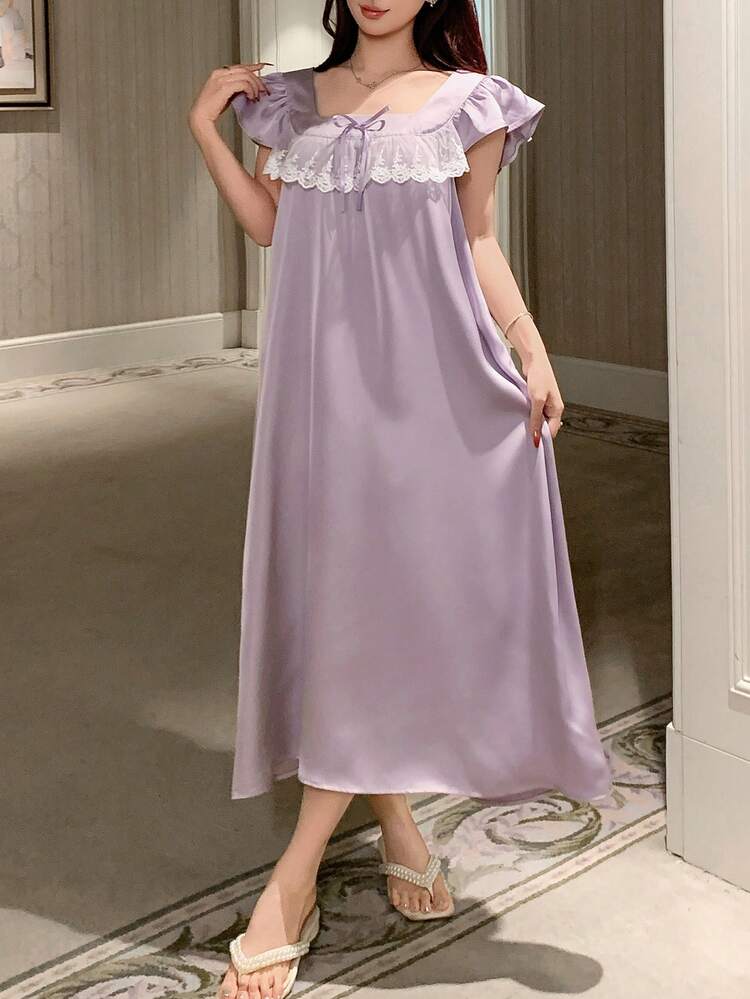 Elegant Satin Ruffle Lace Patchwork Women's Nightgown