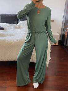 DAZY Minimalist Hollow Collar Knit Women Loungewear Set, Gray-Green - Green - View 4