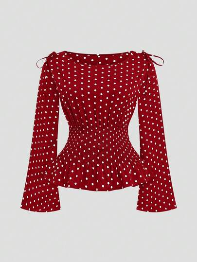 Lyrianda Black & White Polka Dot Long Sleeve Cinched Waist Fitted Shoulder Bow Decor Casual Plus Size Blouse