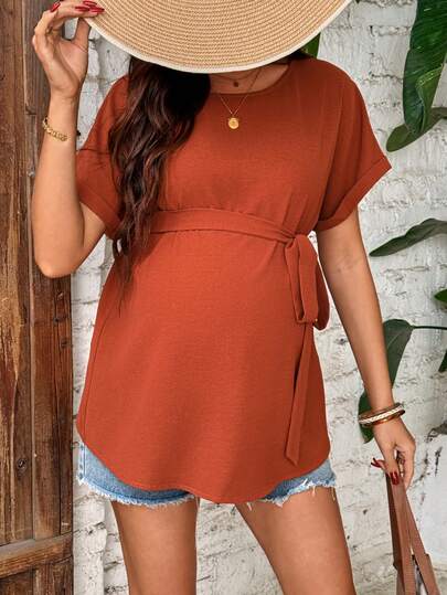 SHEIN 孕妇夏季休闲纯色简约系带圆领衬衫