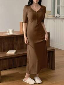 DAZY Minimalist Knit Fitted Long Dress Loungewear For Women - Brown - View 1