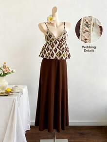 Franclia Đầm dài không tay cổ chữ V hai dây kiểu vintage dành cho nữ, thích hợp cho mùa hè. - màu nâu - Xem 3