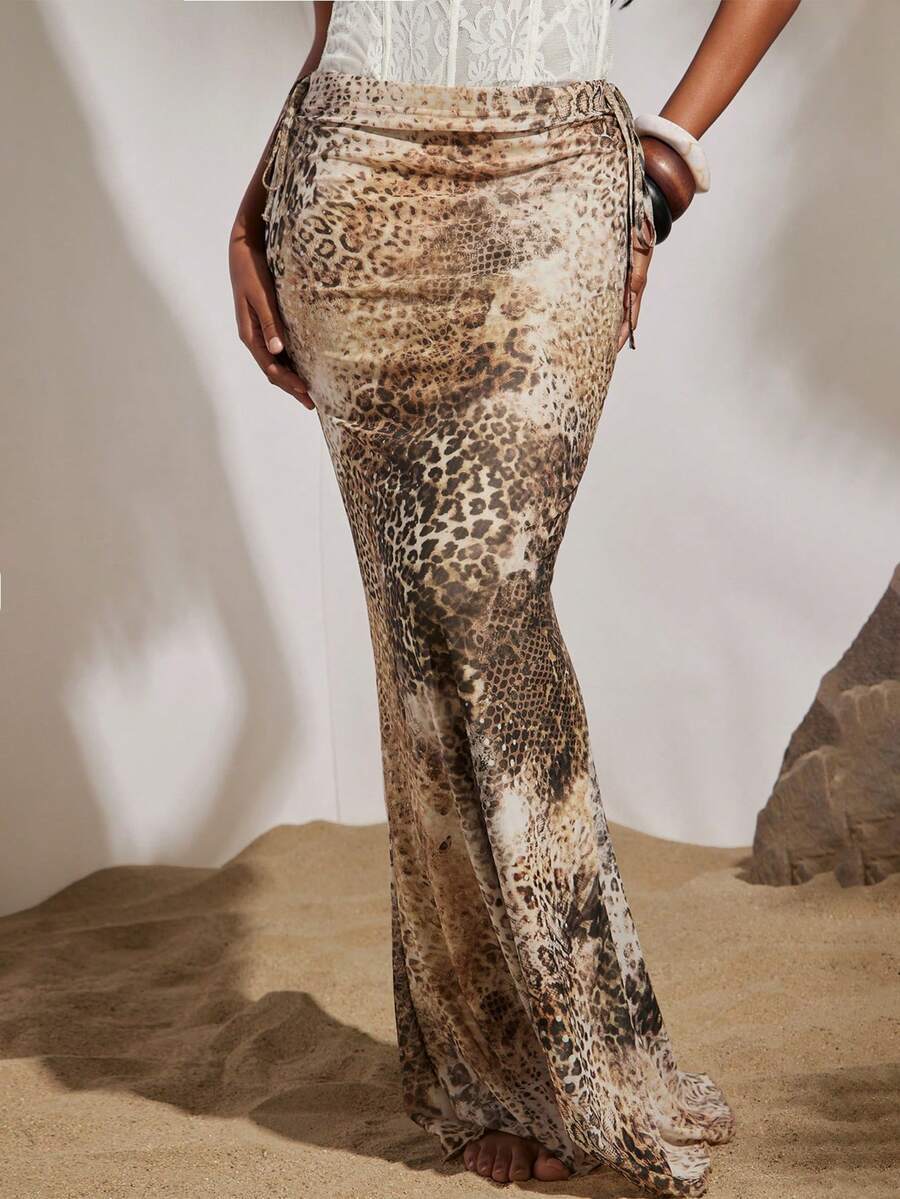 Opulessa 针织网眼印花低腰修身美人鱼裙，适合海滩度假、休闲、假期、夏季旅行、优雅场合、外出、派对等。 - 棕色 - 查看 1