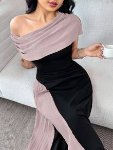 Feyla 女士撞色斜肩束腰优雅连衣裙 - 粉色 - 查看 6