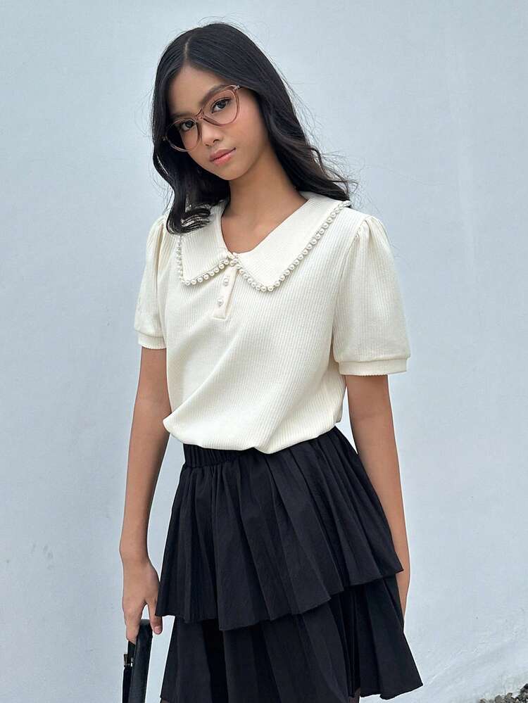 Teen Girl Solid Color Pearl Decor Short Sleeve T-Shirt Summer