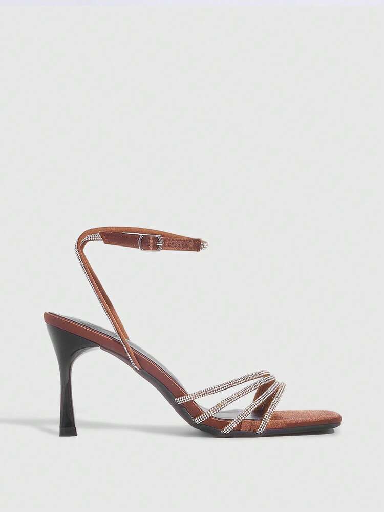 CUCCOO SZL Women Shoes Summer New Multiple Rhinestone Straps Design Square Toe Thin Heel High Heel Sexy Elegant Elegant Fashion Women's High Heel Sandals Foot Ring Diamond With Open Toe Heel Shoes Dress Shoes Sexy Dating Afternoon Tea Party Dinner Wedding Party Wear Prom Heels