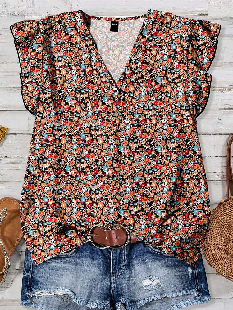 EMERY ROSE Blouse d'été femme bohème élégante rétro à motif floral mignon, col en V, manches à volants, pour la plage, les vacances et les sorties d'été - Multicolore - Voir 1