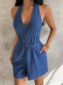 Sunnyshic Fashionable V-Neck Tie-Up Halter Washed Denim Jumpsuit - Medium Wash - View 4