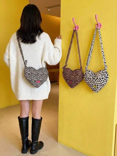 Joivida 1 Pc Minimalist Leopard Print Crossbody Bag Women Cute Spot Heart Shaped Soft Shoulder Bag For Valentine's Day New Year Back School(Brown / Beige / White)