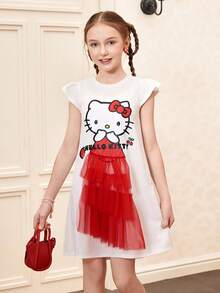 HELLO KITTY AND FRIENDS | SHEIN 少女休闲可爱卡通字母图案荷叶边袖口撞色网纱夏季连衣裙 - 彩色 - 查看 7