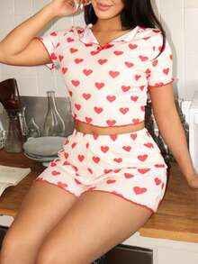 Lowkey Lull Heart Print Short Sleeve & Shorts Women Pajama Set - Apricot - View 5
