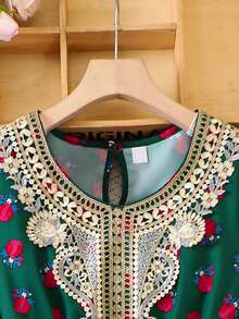 Casuvi Kids Teen Girl Retro Print Flared Embroidered Trim Elegant Long Sleeve Round Neck Dress For Teens - Multicolor - View 7