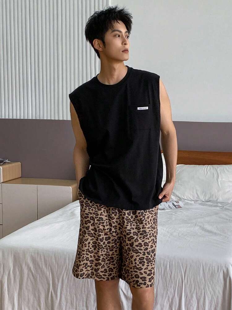 Men's Summer Sleeveless Top And Shorts Pajama Set With Label Design