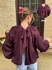Serisse 女士优雅纯色系带长袖衬衫，法式酒红色蝴蝶结露背上衣，花苞图案上衣，紫红色上衣，法式优雅复古上衣，显瘦优雅百搭，适合春季、春假、海滩、夏季、外出、度假休闲、情人节、假日度假等场合。 - 中紫紅色 - 查看 3