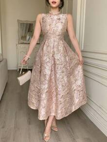 DAZY 女士优雅印花无袖中长连衣裙，夏季婚礼宾客礼服 - 粉色 - 查看 4