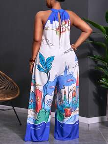 Veslaya Bộ jumpsuit ống rộng không tay in họa tiết hình học cỡ lớn Slayr, phong cách thường ngày cho kỳ nghỉ. - Màu xanh lam - Xem 10