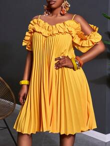 SHEIN CURVE+ Đầm nữ cỡ cực lớn mùa xuân/hè mới, thích hợp cho các dịp lễ hội âm nhạc, lễ Phục sinh, ngày Thánh Patrick, phong cách miền Tây, du mục, tiệc sinh nhật, lễ tốt nghiệp, phong cách đại học, sinh viên, thường ngày, đa năng cơ bản, thư giãn, du lịch tàu biển, bãi biển, tắm nắng, thịnh hành, thời trang đường phố, khách dự đám cưới, phong cách Bohemian, đi làm, ăn sáng muộn, tối giản cơ bản, thời trang đường phố Y2K sành điệu, bán chạy nhất, hẹn hò hàng ngày, trang phục sân bay. Đầm bé gái dáng chữ A không tay xếp nếp rộng rãi cỡ cực lớn - Màu vàng - Màu vàng - Xem 4