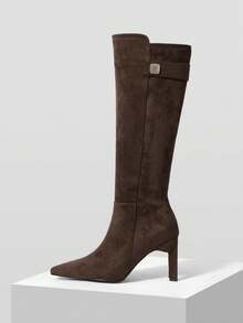 MOTF PREMIUM LADIES FASHION SOLID COLOR RHINESTONE DECORATED POINTED TOE KNEE-HIGH BOOTS, FOR NEW YEAR HOLIDAY VALENTINE'S DAY - Coffee Brown - View 2