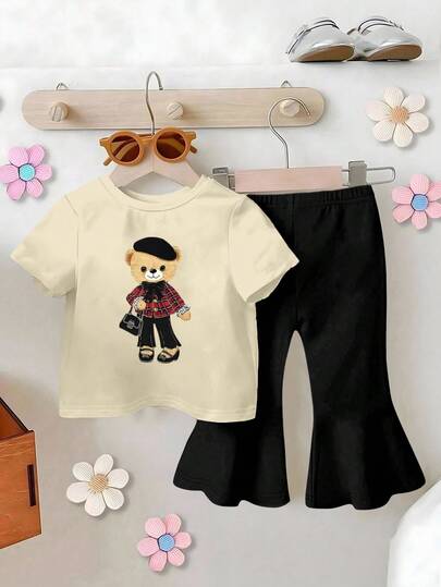SHEIN Toddler Girls' Apricot Short Sleeve T-Shirt And Black Flared Pants Set, Vintage Bear Graphic, Suitable For Outings, Home, Daily Basics, All Seasons, Cute Plush Doll, 2pcs Set, Cartoon Adorable For Girls