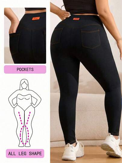 Solflare Leggings de cintura alta elástica con bolsillos para mujer de talla grande, adecuados para otoño, invierno y primavera