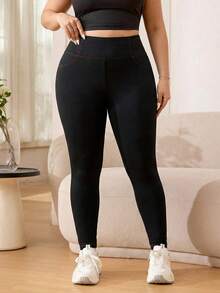 Solflare 大码女式高腰弹力口袋打底裤，适合秋、冬、春季穿着 - 黑色 - 查看 4