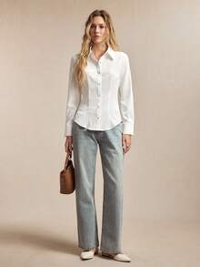 BizChic Solid Color Waist-Cinching Blouse, Business Formal Minimalist Commute Office Social Independence Day Graduation Season Music Festival Slimming Summer Date Daily Vacation Party Wedding Guest Outing Beach Gathering Holiday Shopping Afternoon Tea Travel - White - View 4