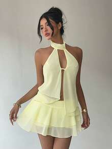 Aloruh Women's Pale Yellow Chiffon 2 Pieces Set Solid Hollow Asymmetric Hem Tank Top And Mini Skirt,Summer Tropical Holiday Vacation Boho Beach Outfits - Yellow - View 4