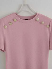 GlowEve 女士夏季针织弹力修身圆领遮肩短袖装饰纽扣收腰时尚优雅休闲T恤 - 粉色 - 查看 3