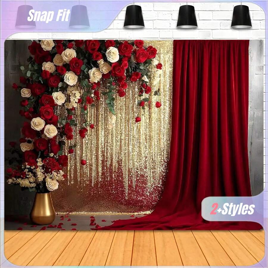 1 Pc Red Gold Rose Pattern Backdrop Red White Floral Background Cloth For Birthday Wedding Bridal Shower Party Portrait Photography Studio Decor - Red - View 1