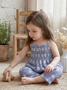 Vintaside Kids Baby Girl Floral & Plaid Print Camisole Top And Elastic Waist Pants Set - Blue - View 1