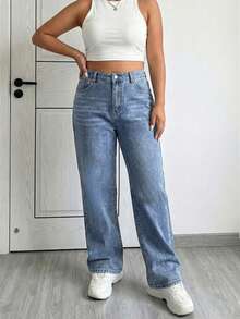 SHEIN Tall CURVE Quần jeans nữ cỡ lớn cạp cao, có túi, ống rộng, dáng suông, thoải mái - Màu xanh lam - Xem 3