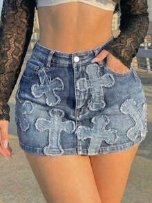 SHEIN ICON Women's Pocket Cross Frayed Applique Casual Denim Pencil Skirt - Dark Wash - View 1