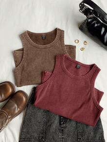 Comfortcana 2pcs/Set Seamless Knit Crop Top & Leggings Set - Red - View 5