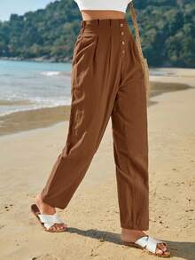 SHEIN Frenchy 100%纯棉高腰纽扣门襟褶皱裤 - 棕色 - 查看 4