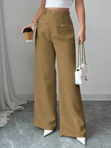 SHEIN Glamour 女士纯色长裤，纹理面料，适合日常穿着、办公和家庭聚会。 - 棕色 - 查看 8