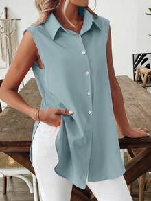 SHEIN LUNE 女士优雅休闲西部乡村风格纯黑色立领短袖长款喇叭下摆衬衫 - 淺灰色 - 查看 7